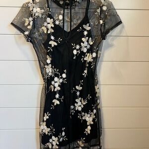 Black mini floral embellished dress with slip